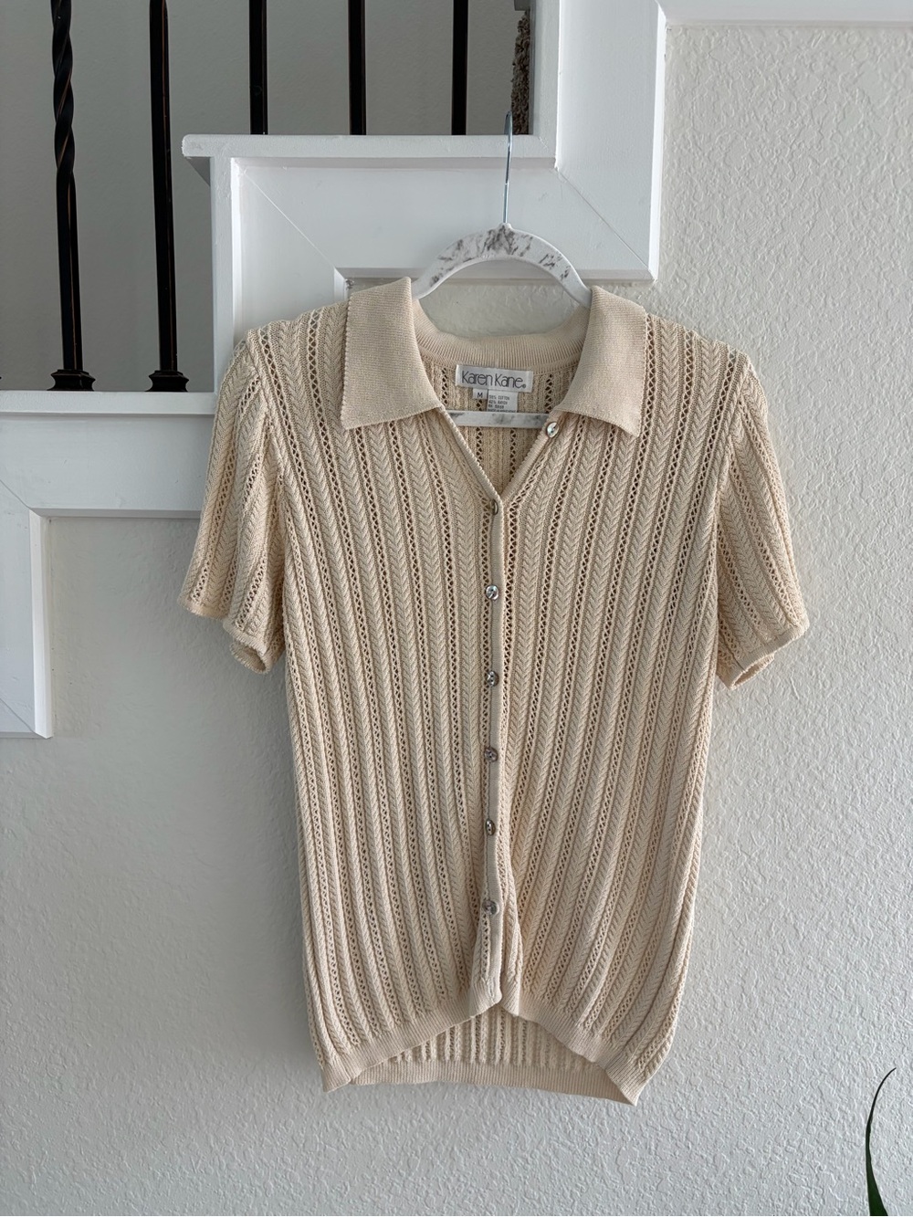 Karen Kane Cream Open-Knit Short Sleeve Polo Sweater
